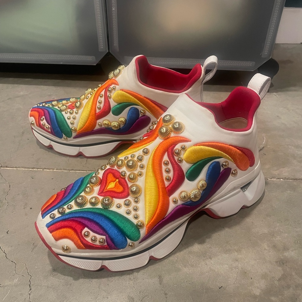 Christian Louboutin White Slip-On Sneakers with Rainbow Embroidery & Gold Studs